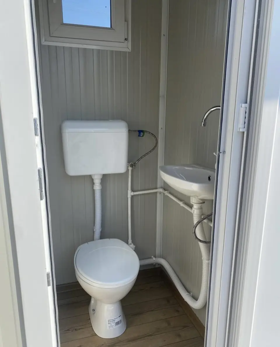 Flushing restroom interior with tank toilet and small corner sink