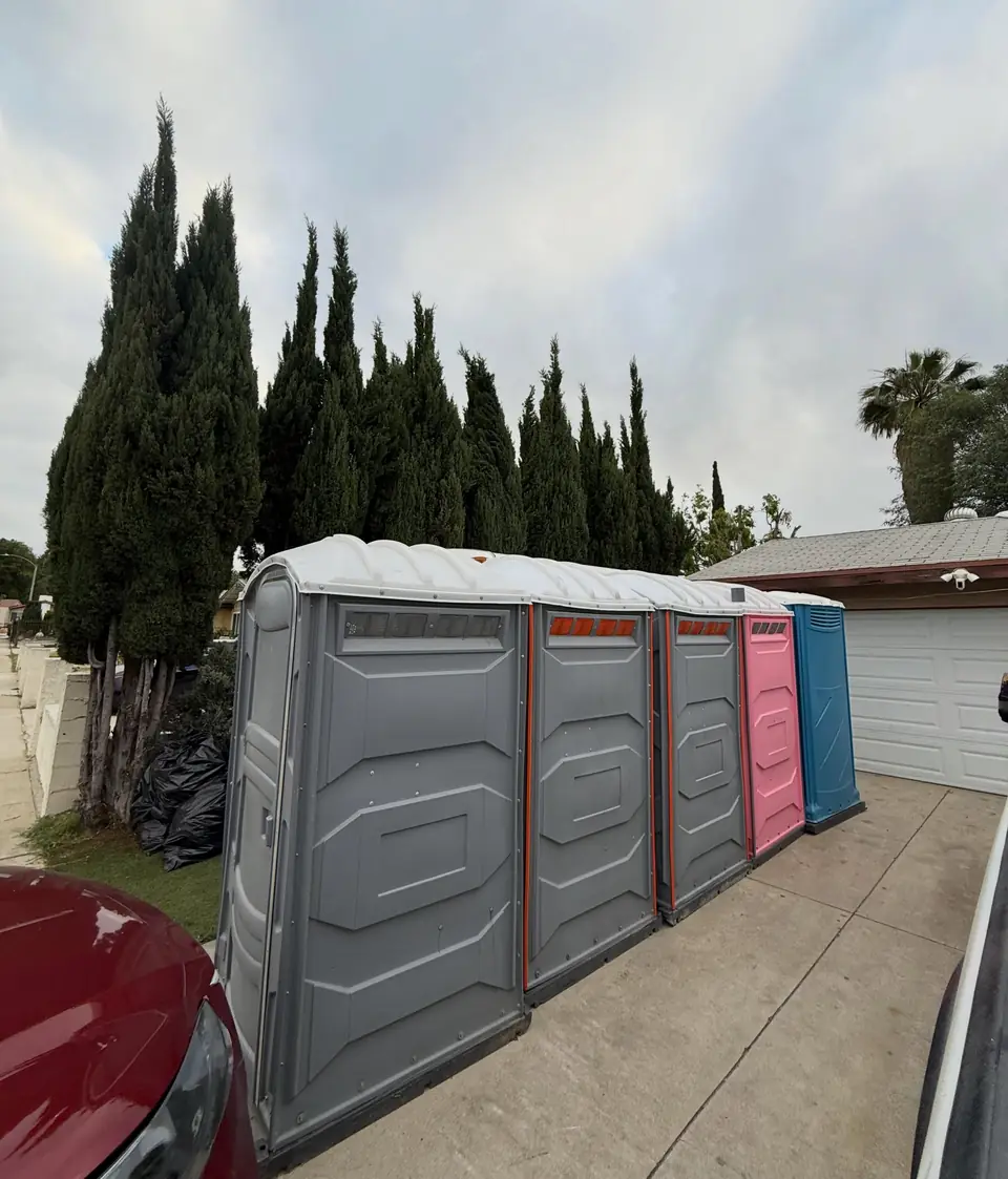 Row of gray and pink porta potties along a street